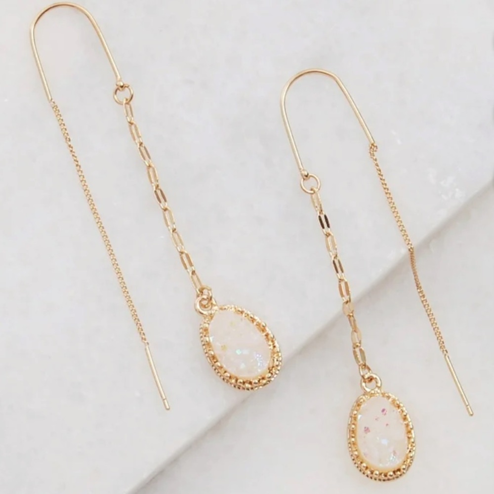 Gold Threader Earrings with White Opal Teardrops - Women Jewelry